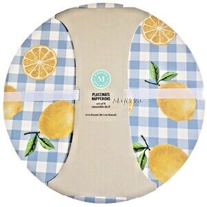 Martha Stewart Lemons Placemats Round 15" Vinyl Foam Back Blue Plaid Set of 6